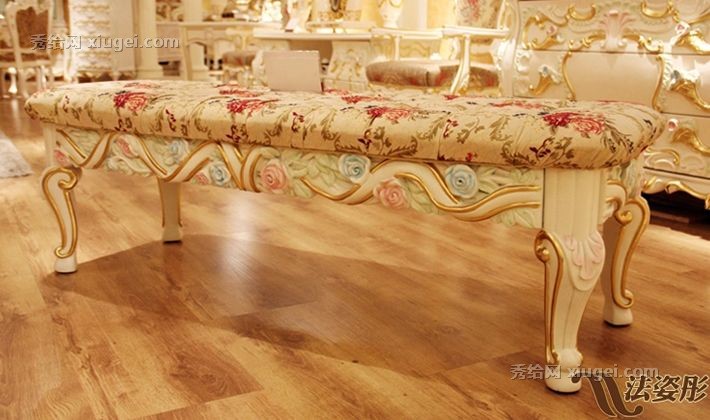 法姿彤G3床尾凳，欧式床榻碎花布艺，全实木雕花床尾几，型号: 8801床尾凳2