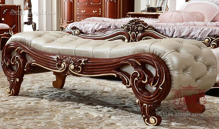 益美轩新古典床尾凳，进口黄牛皮实木长凳，YMXW901纯手工雕刻床尾凳