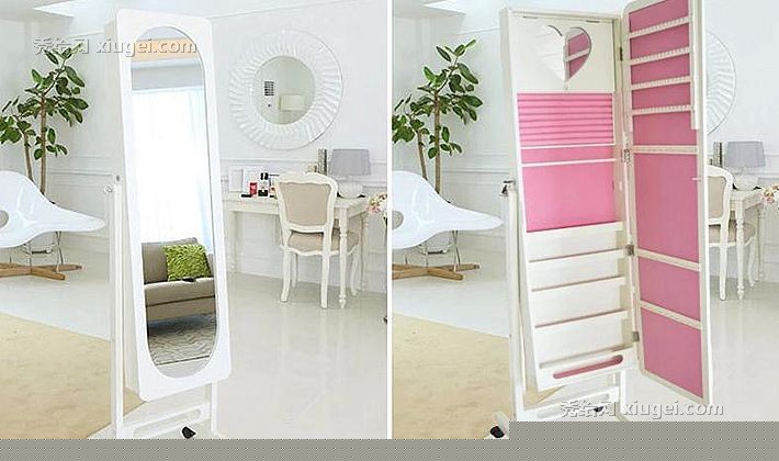 天一波尔卡韩式田园穿衣镜，储物功能落地镜，带轮试衣镜JC197