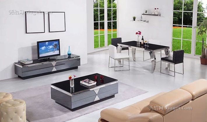 暮其品牌欧式玻璃电视柜，不锈钢框架客厅电视柜简约大气，型号D002#