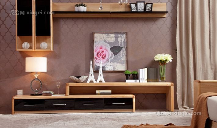 A家家具分离式可伸缩调节地柜，原木色枫木组合电视柜，弧形金属拉手美观实用