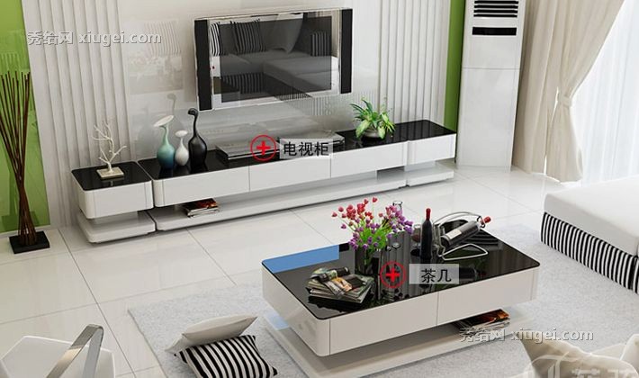 菲弦三抽屉现代客厅玻璃电视柜，隐形拉手设计安全美观，白色亮光烤漆光泽润滑