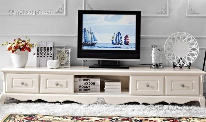 韩式田园客厅电视柜，林氏木业喷漆雕花描银工艺，型号: KN139