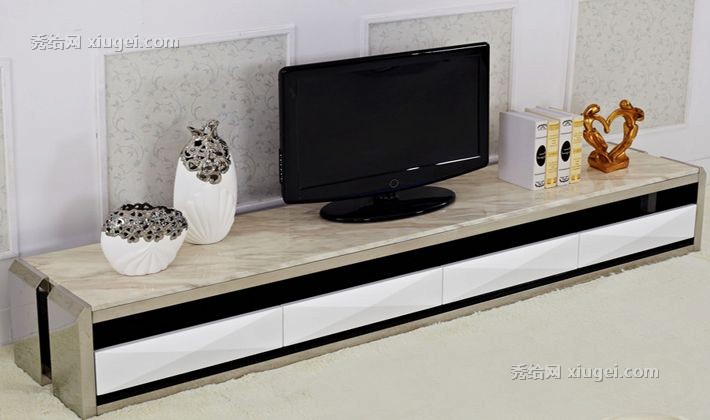 洛克威登大理石金属电视柜，现代简约汽车级钢琴烤漆，D016四抽不锈钢电视柜