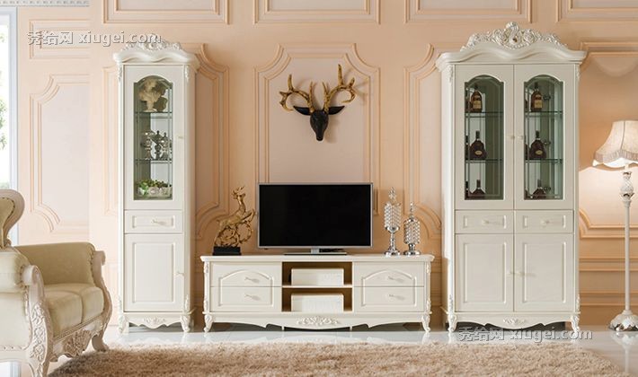 罗布诗欧式成人松木电视柜，白色手工雕花烤漆储物柜，型号: 8861