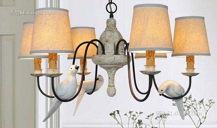 凯萨罗灯树脂小鸟吊灯，9021-6H仿锈色铁艺灯具，杏色布艺吊灯