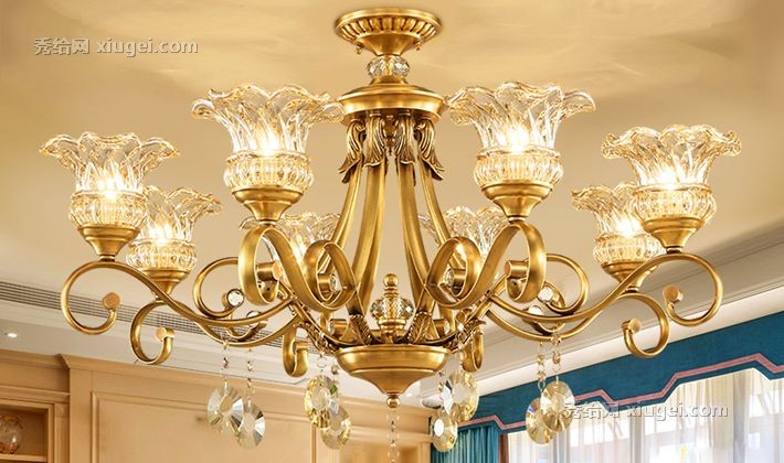 可洛复古花瓣形水晶吊灯，全铜曲线造型家用8头灯具，型号: Y057