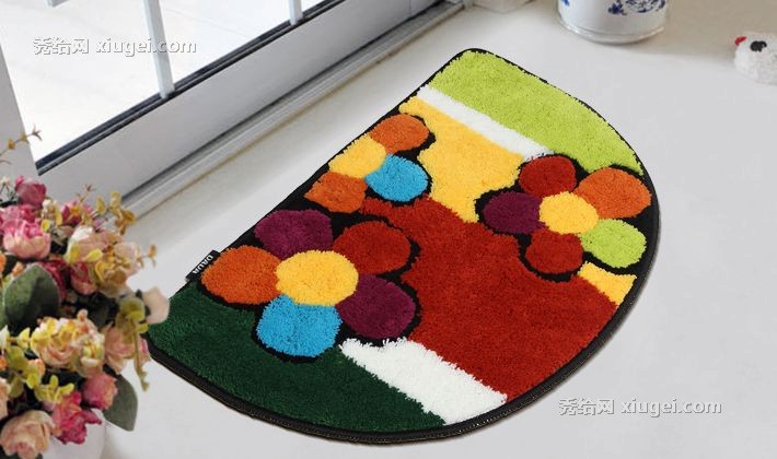 DADA半圆形儿童地毯，七色花图案DA7019D地垫，植绒材质超强吸水卫浴地垫