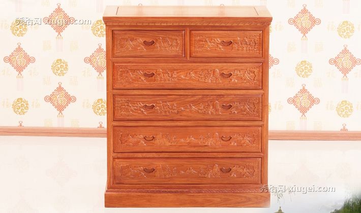 雅依格全实木现代中式六斗柜，高档典雅花梨木雕花六斗柜，货号647