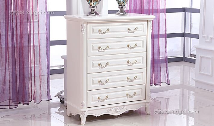 金天龙优质橡木纯白色斗柜，精致雕花奢华五斗柜，型号：8130