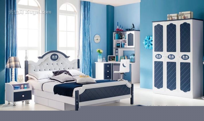 雅思洛软面蓝白儿童床，松木手工雕刻儿童床，型号：357A