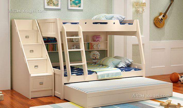 印象公馆母子床实木组合拖床，儿童双层储物高低床，型号: H-18