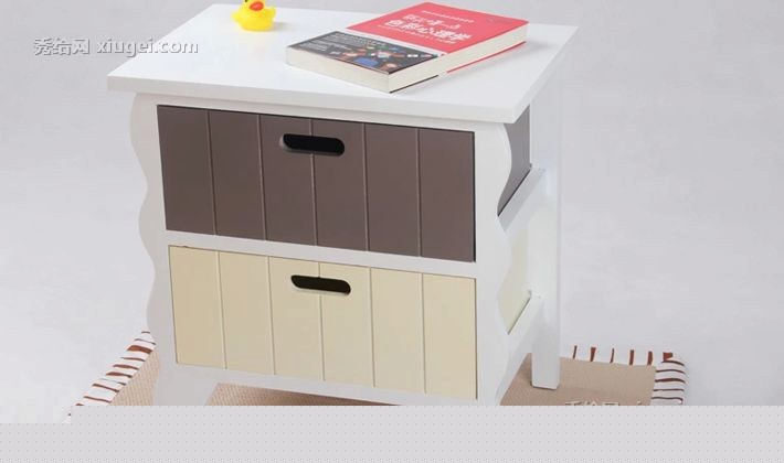 妙意家居XY-2013037实木田园风格儿童床头柜，带PP编织蓝大储物空间儿童床头柜