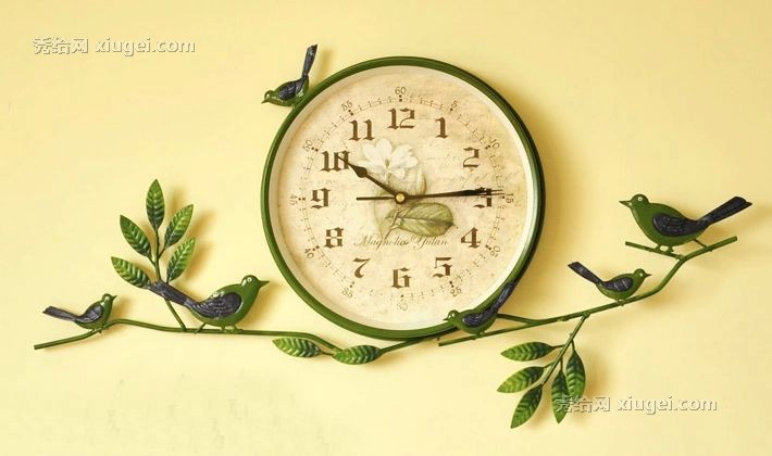 优贝家牌花鸟铁艺挂钟，UN663型田园风圆形挂钟，全进口超静音机芯结构