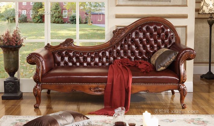 慕艺柏美式真皮木雕单人贵妃椅， F95306皮艺实木客厅卧室贵妃榻