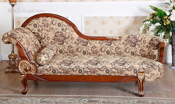 欧意居彩色印花L形双人贵妃椅，橡胶木雕花沙发躺椅，型号：E-001