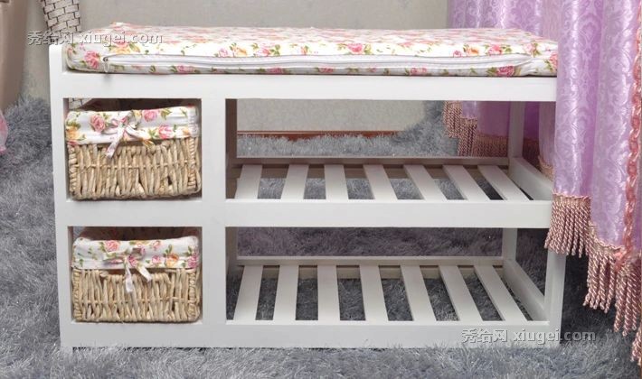 妙意宜家田园白色桐木换鞋凳，储物可拆卸穿鞋凳，型号XY-2013016
