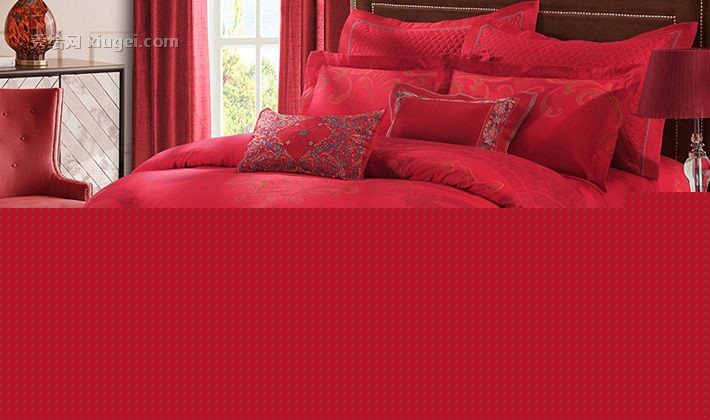 罗莱家纺卷草纹样家纺，正红色中式婚庆床品四件套，圆角设计印花床单