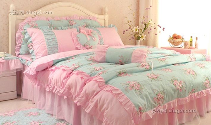 HRHM粉红公主风床上婚庆套件，裙摆式褶皱边设计纯棉印花家纺