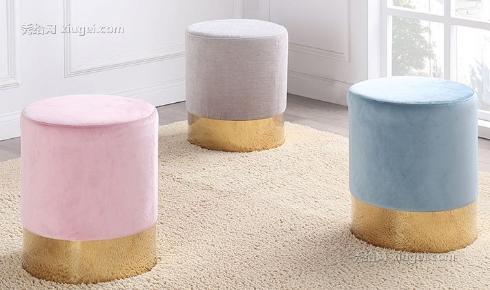 汉哲马卡龙色简约板凳，F788植绒彩色圆布凳，不锈钢底座北欧家具