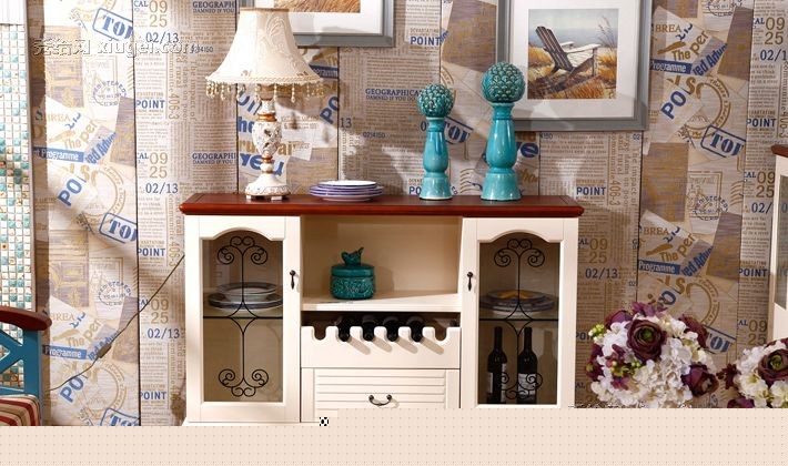 德邦尚品双开门展示酒柜，复古地中海风格餐边柜，多功能实木储物柜