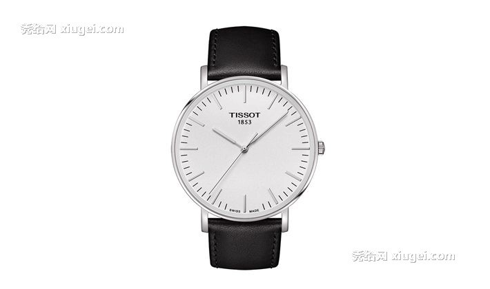 天梭银色圆形精钢石英手表，皮革扣带指针式防水手表，型号：T1096101603100