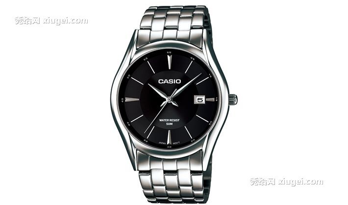 卡西欧黑色圆形石英表，不锈钢表带多功能防水休闲表，型号：MTH-1052D-1AVDF