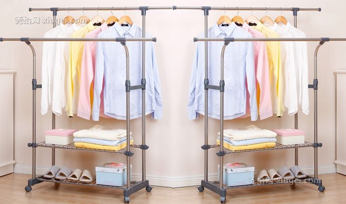 诗澜雅不锈钢双杆式晾衣架，可移动两层收纳挂衣杆，SLY-6023晒鞋架