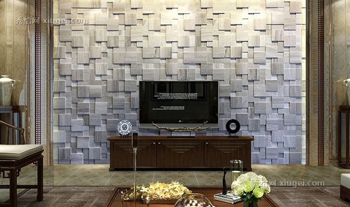 优诗蓝灰色电视墙石材，复古文化石凹凸感材质，内墙光面可定制马赛克