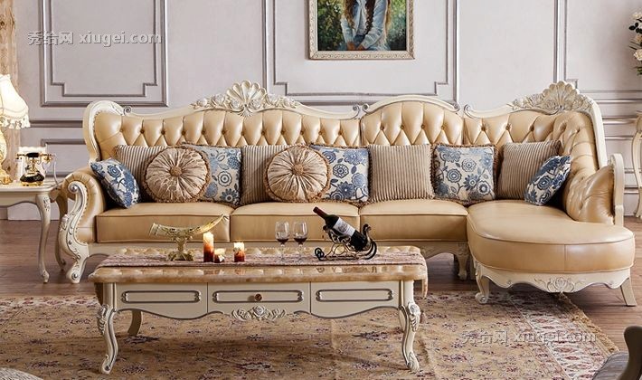 网牵华贵欧式皮质雕花组合沙发，高档田园L形客厅家具，型号: K05