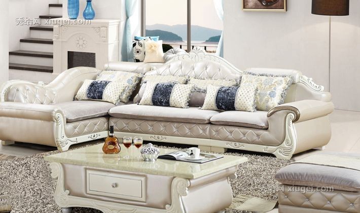 安雅琪欧式奢华沙发，实木雕刻工艺，优质绒布真皮组合沙发，型号F-8888