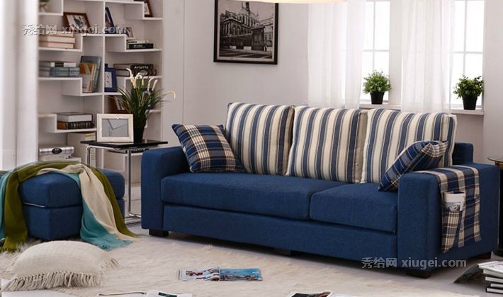 易达彼思优质实木布艺沙发，蓝色条纹简约现代沙发，型号010