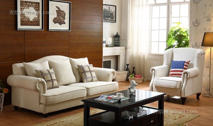 索曼家具美式乡村风格布艺沙发, SF-634型米白色实木双人沙发组