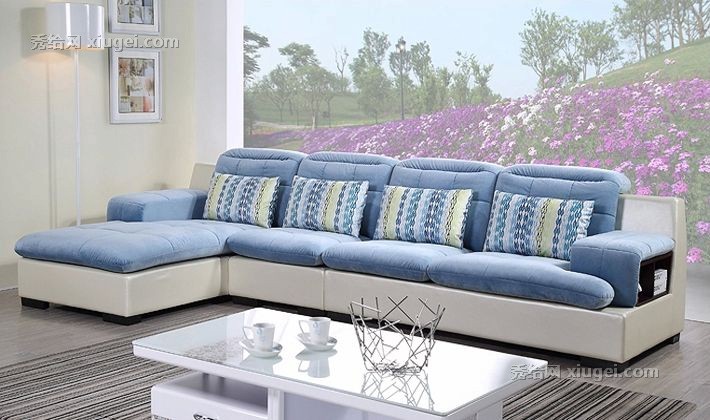 全友品牌可储物布艺沙发，L型地中海风情实木沙发，型号：102077
