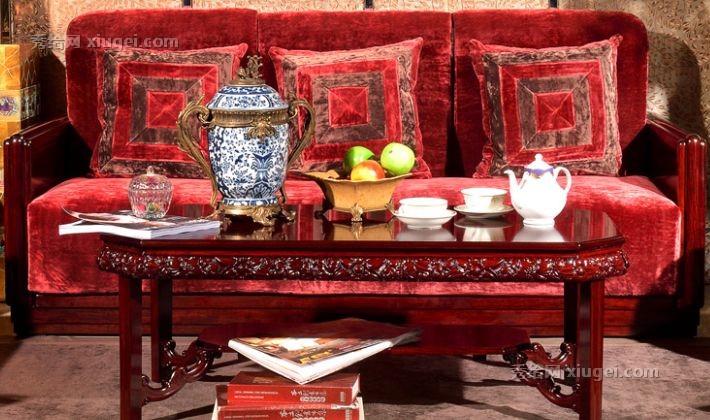 允典红木家具组合，中式新古典花梨木布艺沙发，95SRSF客厅U型三人实木沙发