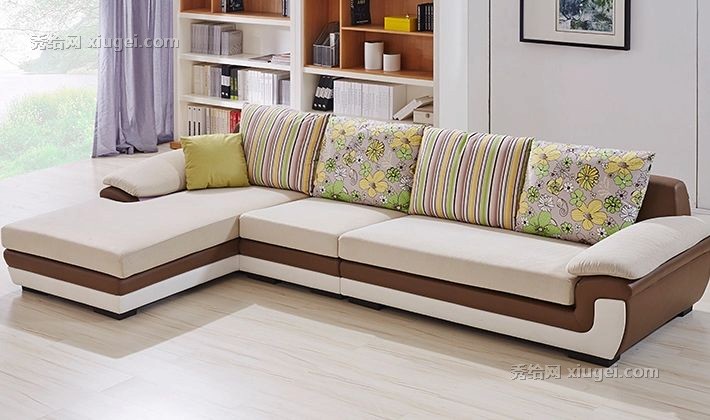全友可拆洗布艺沙发，印花图案组合L型现代实木沙发，型号102011Y