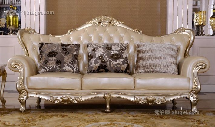 梵可可皮艺雕刻沙发，客厅三人位实木框架橡木沙发，型号: 8817