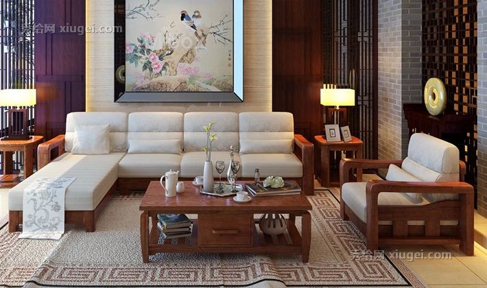 光明家具现代中式实木沙发组合，转角布艺沙发带贵妃位，型号: WX6-38860