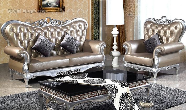 香槟银真皮沙发组合，型号: YMY-0雕花拉钻沙发，梵可可欧式桦木框架沙发