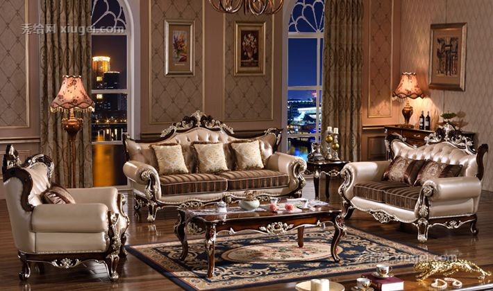 梵可可香槟色沙发组合，美式古典真皮布艺沙发，型号: MX052-01橡木雕花沙发