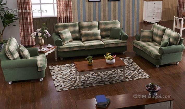 迪仙妮亚布艺沙发，美式乡村实木沙发， FC-208B绿色格子U形沙发