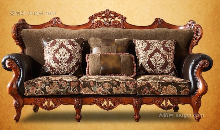 尚轩世家桦木沙发，植绒布艺沙发组合，实木雕花真皮沙发型号: 1096布