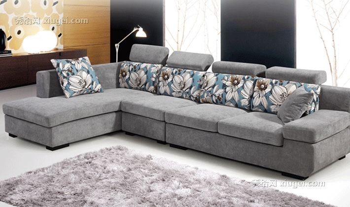 时尚布艺客厅转角组合，皇朝水墨蓝色沙发，南韩植绒面料沙发套组