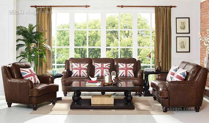 圣尼卡实木牛皮沙发组合，棕色复古皮艺沙发，MD3017组装沙发