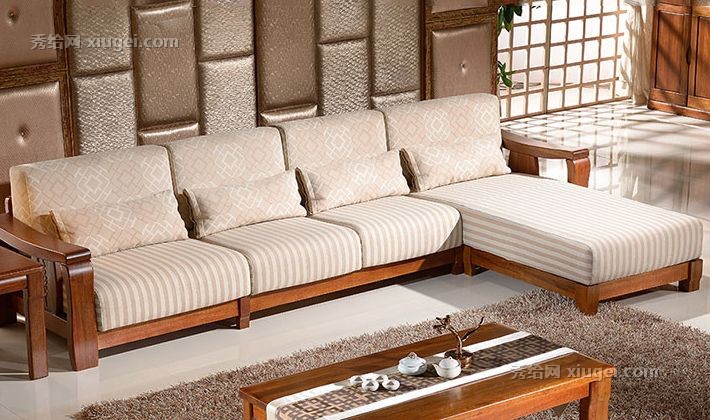 龙森核桃木U型沙发组合，sf829客厅沙发家具，纯手工雕花布艺沙发