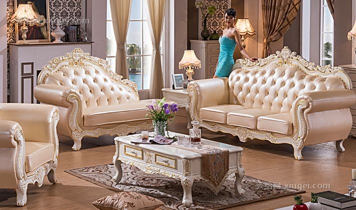 永旭真皮沙发组合，雕花描金实木沙发，皮艺镶钻橡木沙发型号: 210