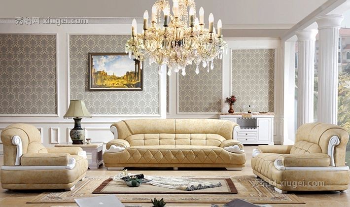 永旭压花皮艺沙发椅，钻石拉扣真皮沙发，实木雕花沙发组合型号: 832B