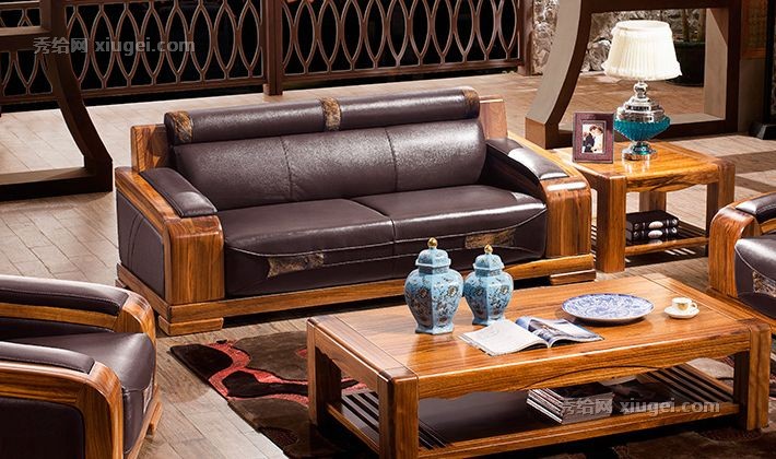 客厅实木环保沙发组合，御王府中式真皮沙发，乌金木沙发XH-F628