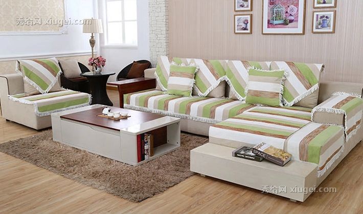 三只羊雪尼尔布艺沙发套，清新田园风条纹沙发罩，货号: XNe003