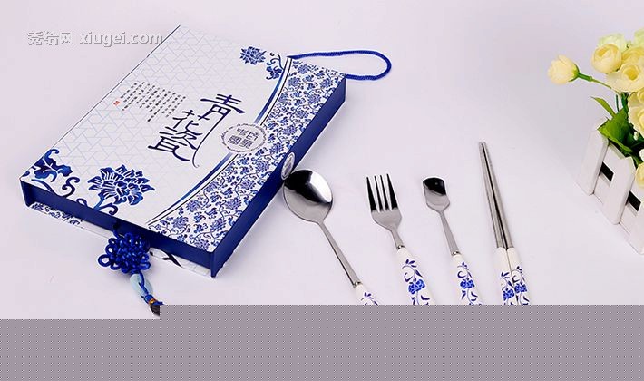 中国风青花瓷图案四件套装餐具，仿竹七层防滑设计，华典世通HD-2300